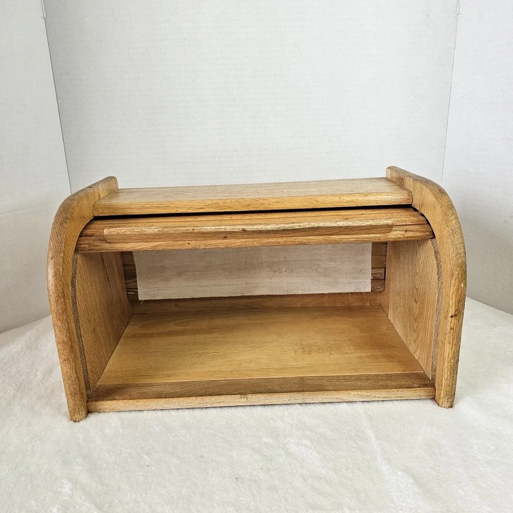 Vintage Natural Oak Roll Top Tambour Door Bread Box 16